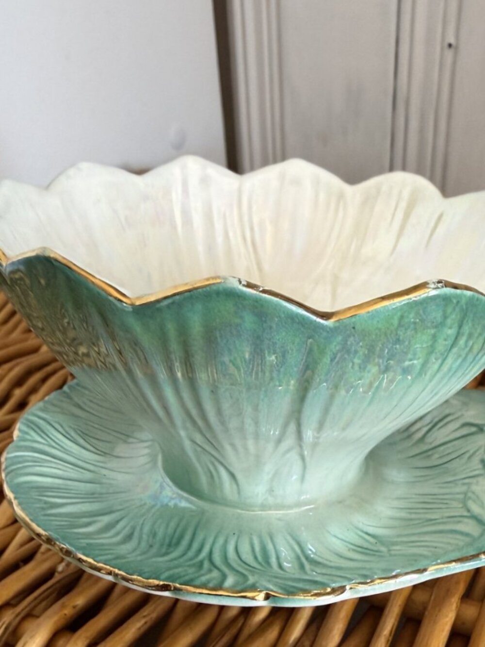 Antique Nippon Footed Bowl Teal & Luster Candy Dish Gold Trim, Pre 1921